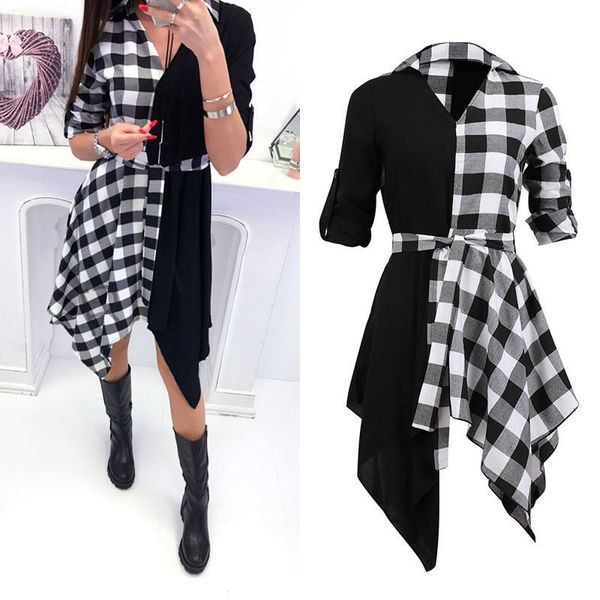 

new womens v-neck check long sleeve sashes loose v neck plaid casual mini, Black;gray