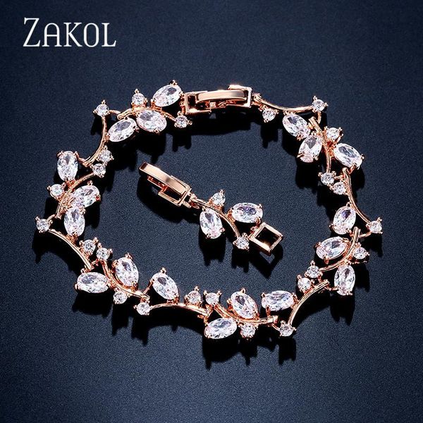 

link, chain zakol fashion cubic zirconia leaf charm link bracelets with white gold color for women bridal wedding jewelry fsbp173, Black