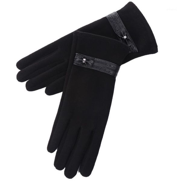 

five fingers gloves ladies touch screen autumn and winter gloves, bowknot leather strips, cotton warm outdoor cute student cycling d481, Blue;gray