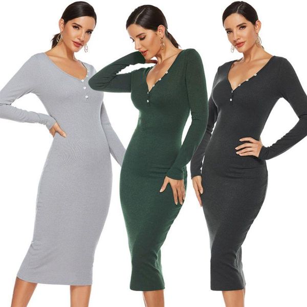 

women long sleeve v-neck buttons bodycon midi long dress solid color ribbed knit package hip sweater clubwear, Black;gray