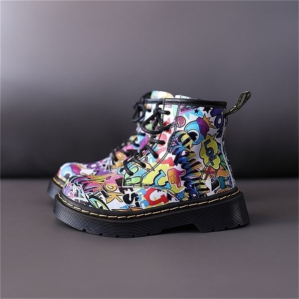 

children' short autumn new korean fashion graffiti boys school anti slip shoes girls martin boots 4-15 years old y201028, Black;grey