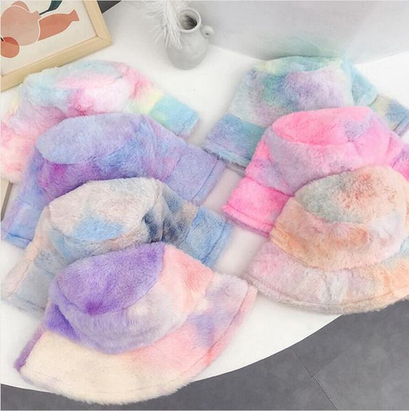 

tie dye plush bucket hat women fishman cap girl winter outdoor warm rainbows wide brim cap colorful ear protect headgear ljjp767, Blue;gray