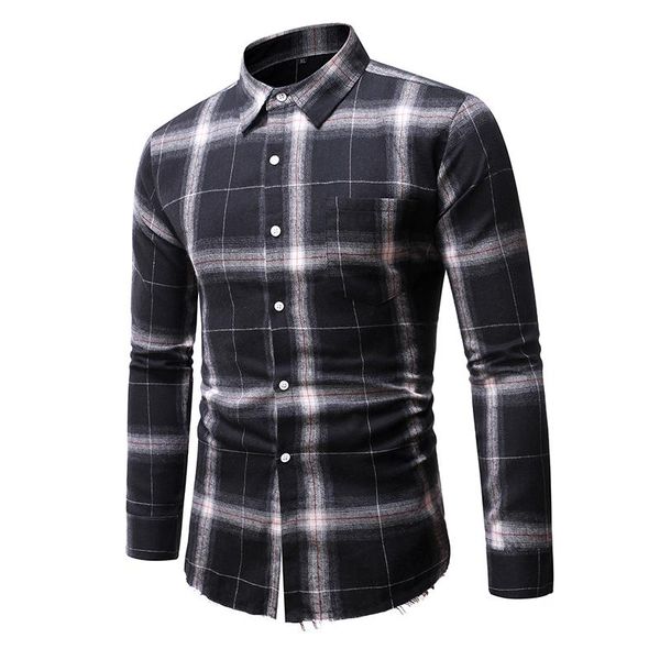 

social shirt plaid print long sleeve thin section blouse male fashion wild lapel loose shirts new arrival white black