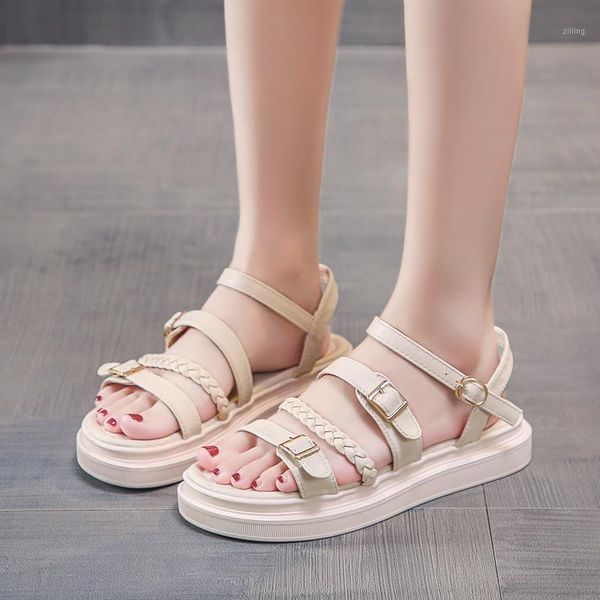 

sandals lucyever 2021 summer beach casual flat women open toe pu buckle platform shoes woman ankle strap comfortable sandalias1, Black