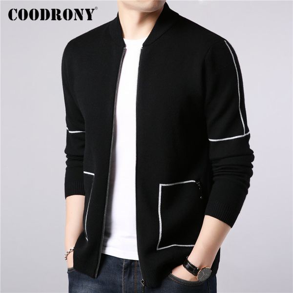 

coodrony brand sweater coat men autumn winter thick warm wool cardigan men streetwear fashion striped zipper coats pockets 91091 201119, White;black