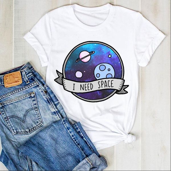 

women lady summer space universe fashion 90s print ladies t tee tshirt womens shirt clothes graphic clothing t shirt, White