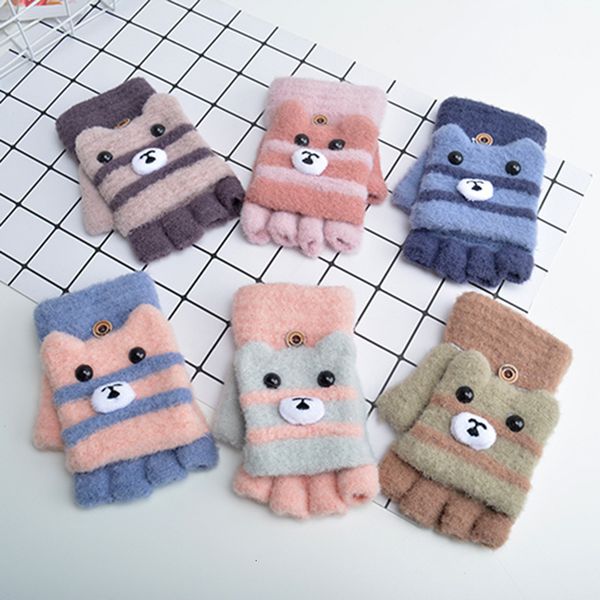 

half finger flip gloves winter new wool warm knitting cartoon children's writing, Blue;gray