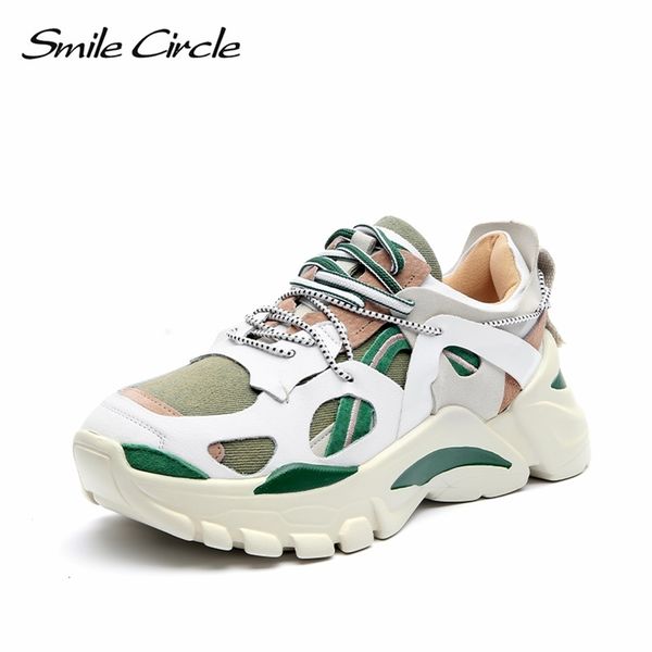 

smile circle fashion chunky sneakers women shoes flat platform sneaker lace-up casual shoes thick bottom 6cm ladies sneaker lj200812, Black