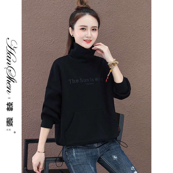 

short sweater women's black autumn / winter 2020 new korean loose plush thickened foreign style high collar hoodless top