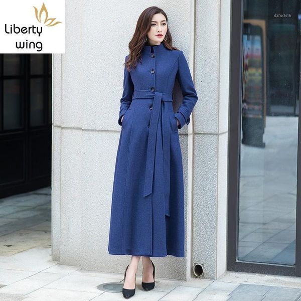 

vintage new business women office single breasted woolen super long coat wool blend overcoat belted stand collar trench1, Black