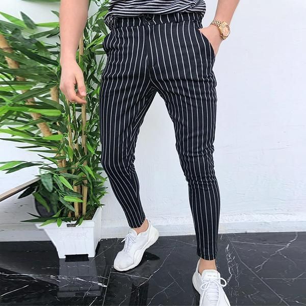 

fashion men joggers slim fits casual long pants trousers sweatpants gym stripped button summer autumn, Black