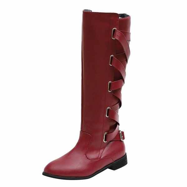 

women's knee high boots winter cross strap red leather long booties cowboy warm punk classic style women shoes plus size 43 #6r0t, Black