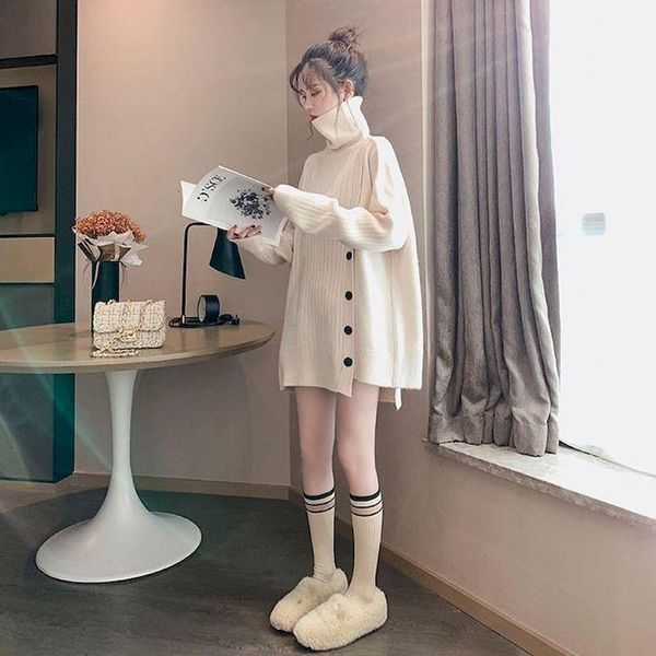 

turtleneck sweater women fall/winter loose and lazy wind outside wear knit sweater all-match solid color tide womens sweaters, White;black