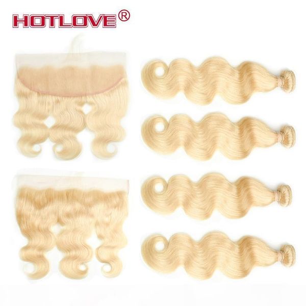 

613 blonde brazilian body wave hair 4 bundles with 13x4 pre plucked frontal virgin remy human hair for salon hair extensions, Black;brown