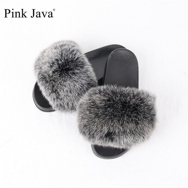 

pink java new arriva summer women shoes real fox fur slipper girl luxury indoor slides flats fluffy big fox sandals wholesale t200411, Black