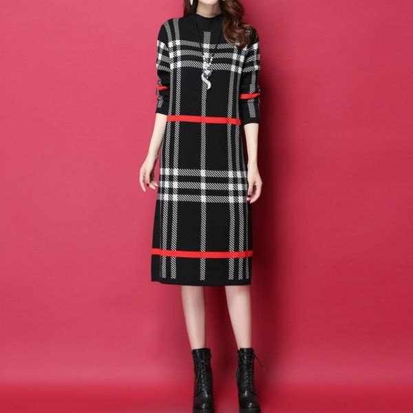 

hhgwu wool wear winter winter mid long 2019 wearwomen's loose and straight tube temperament plaid knitted bottom dress autumn and new w, Black;gray