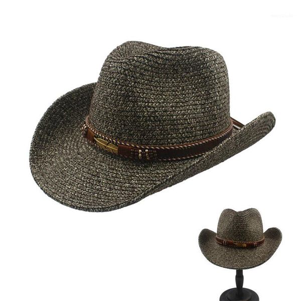 

summer straw women's hollow western cowboy hat men's leather with handmade jazz cap1, Black;white