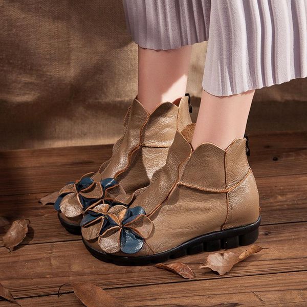 

autumn winter ethnic-style short boots women's flat casual women's boots entirely handmade soft-sole comfortable women shoes, Black