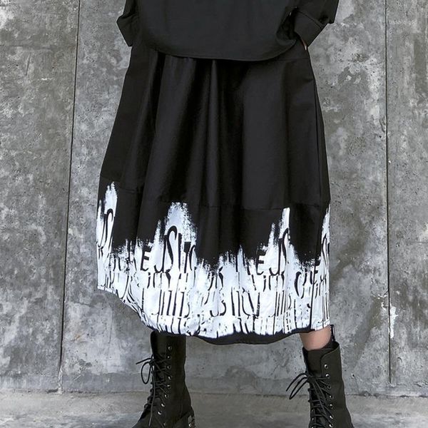 

imucci 2020 spring new print hign waist a-line skirts tie dye design loose long skirts fashion simple high street style tm16821, Black