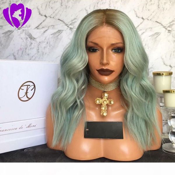 

elling mint green color short bob wig body wave soft ombre lace front synthetic wig heat resistant fiber women wig, Black