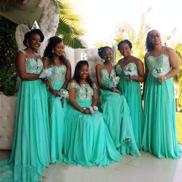 Mint Green Abiti da sposa 2021 Lace chiffon di Boho di Applique largo della spalla senza maniche damigella d'onore abito plus size abito africano