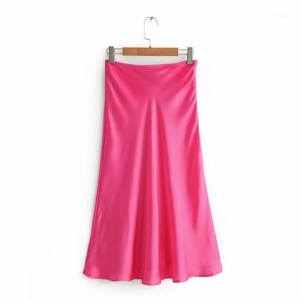 

2019 women casual silk satin yellow red skirt female spring-summer chic a-line smooth solid long skirts faldas mujer moda1, Black