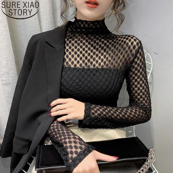 

lace bottoming shirt women turtleneck lace blouse autumn and winter 2020 new dot mesh high elasticity shirt 11437, White
