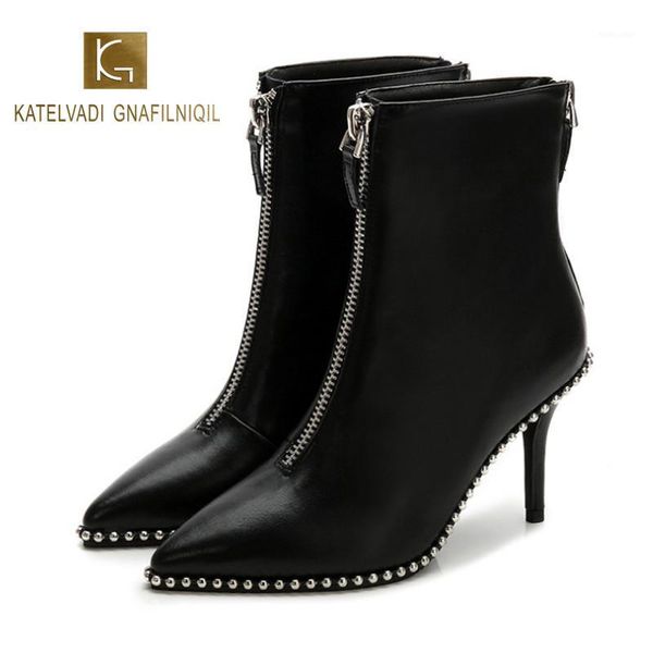 

katelvadi 2020 new autumn and winter high heel boots 8cm black pu metal zipper pointed female stiletto boots k-4731