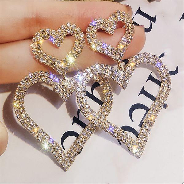 

special price fashion exaggerated crystal double heart earrings contracted joker long women drop earrings jewelry gifts, Golden