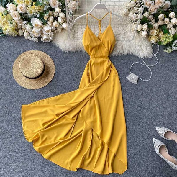 

boho 2020 v neck summer spaghetti strap split dress backless midi long party dress women casual beach holiday tunic1, Black;gray