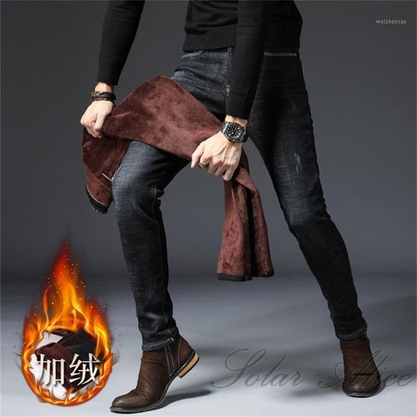 

2020 men's winter new velvet feet jeans mid-waist thickened warm stretch youth slim casual pants1, Blue