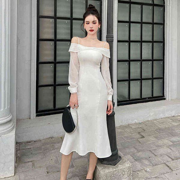 

woman casual dresses 2022 spring chiffon long sleeve stitched white one shoulder suspender thin fishtail dresses, Black;gray