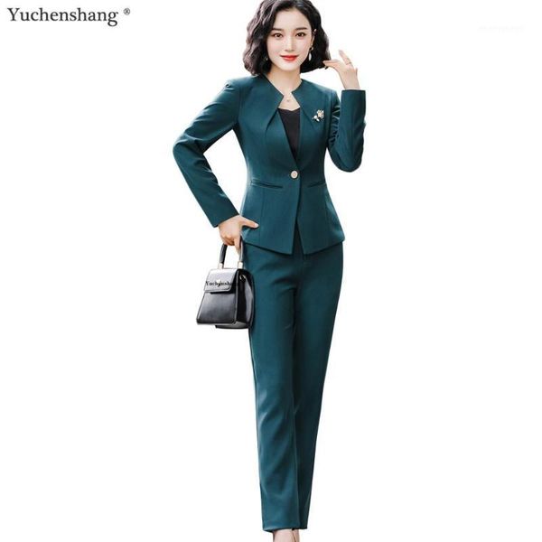 

women's suits & blazers women elegant work pant suit 2021 fall winter green black 2 piece set one button o-collar blazer jacket and pan, White;black