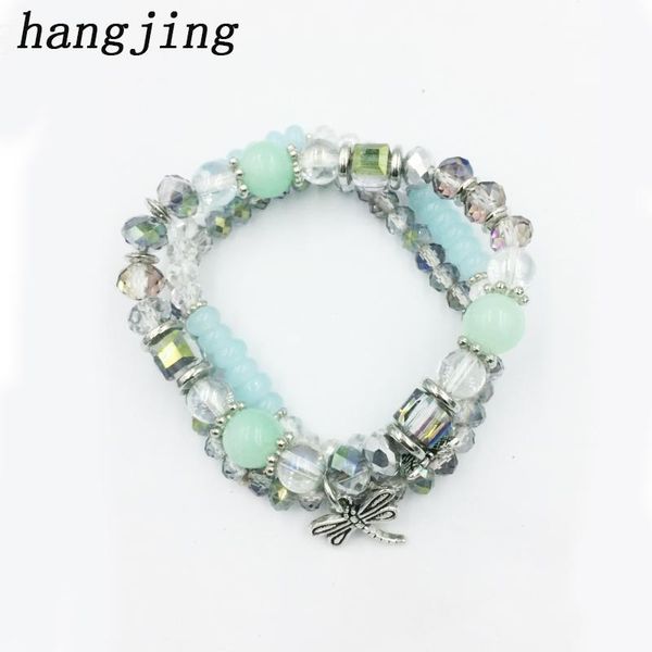 

hangjing 3pcs/set bohe luxury friendship stretch New women charm dragonfly bee crystal bead natural stone bracelets for couples, Golden;silver