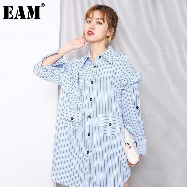 

eam] women blue striped split big size long blouse new lapel long sleeve loose fit shirt fashion spring autumn 2020 1z376051, White