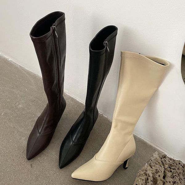 

ins 2020 luxury women thin high heels long boots winter new knee high boots designer beige heels leather crotch thigh, Black