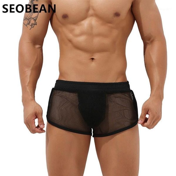 

seobean men's sports shorts breathable quick-drying mesh transparent men's fitness arrow shorts beach wear board1, White;black