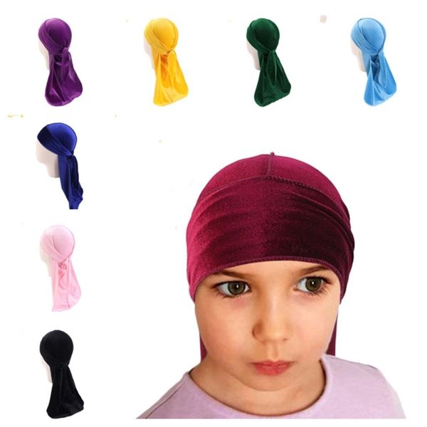 

boys girl velvet durag long tail head wraps child dorag durags turban wigs pirate caps headscarf hip hop hats hair cover accessories g12209, Yellow