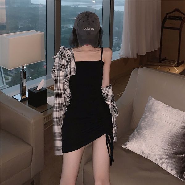 

slim suspender skirt sling sling skirt suit 2020 new checked shirt suspender dress fashion ins two piece set e1140 numoe, Gray
