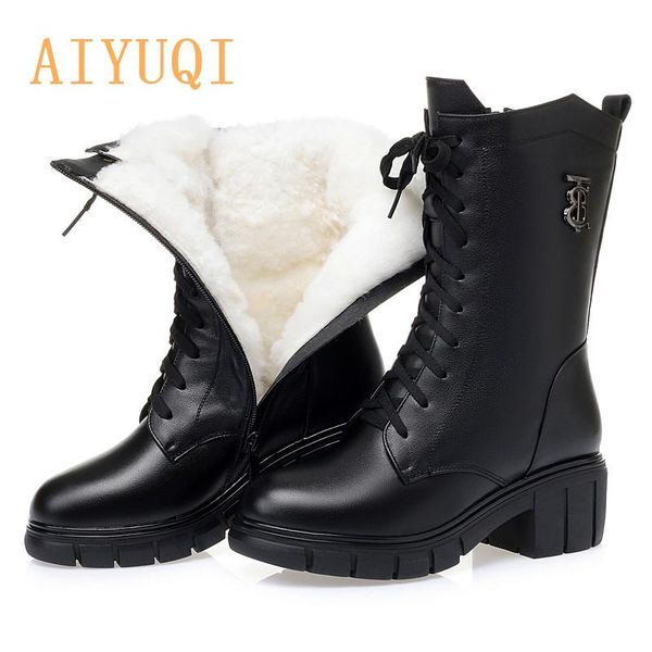

aiyuqi женская обувь сапоги теплая шерсть 2020 новая натуральная кожа зимы женщин boots большой размер снег, Black