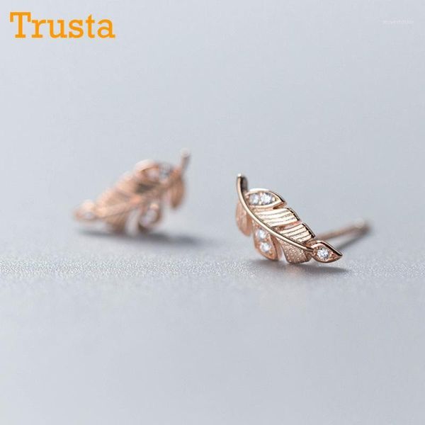 

trustdavis 2020 100% 925 real sterling silver jewelry fashion cute tiny leaf cz stud earrings gift for girls kids lady ds5931, Golden;silver
