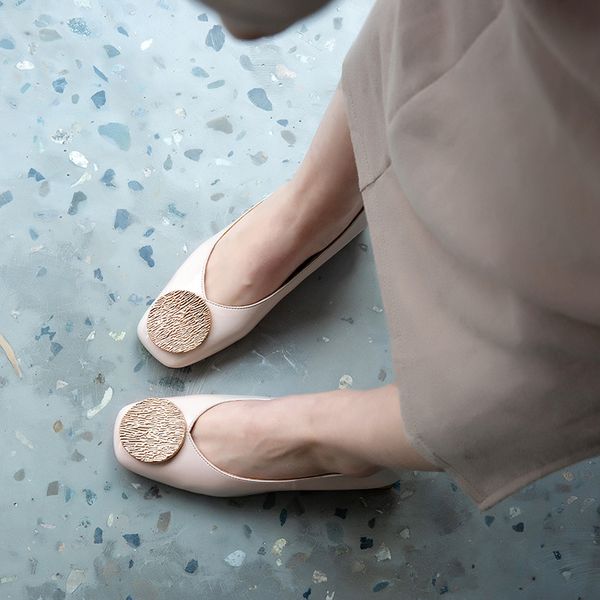 

2020 med female spring square-heeled soft leather boots boat low-heel metal women's shoes size43 beige 9j2h, Black