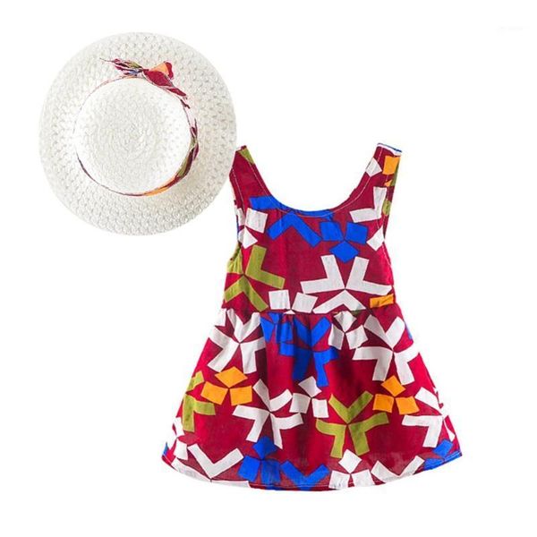 

summer kids princess dress children girls sleeveless flower print dress hat soft cotton dresses baby girl clothes1, Red;yellow