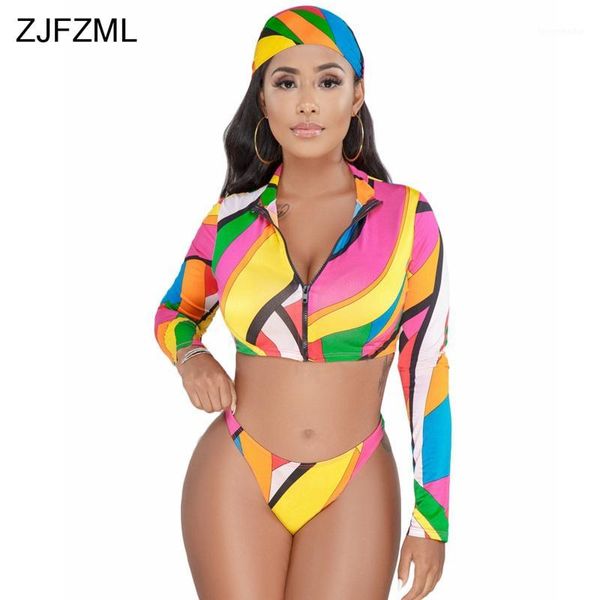 

zjfzml colorful print 3 piece set women head scarf and deep v neck full sleeve crop jacket and summer beach triangle short1, White