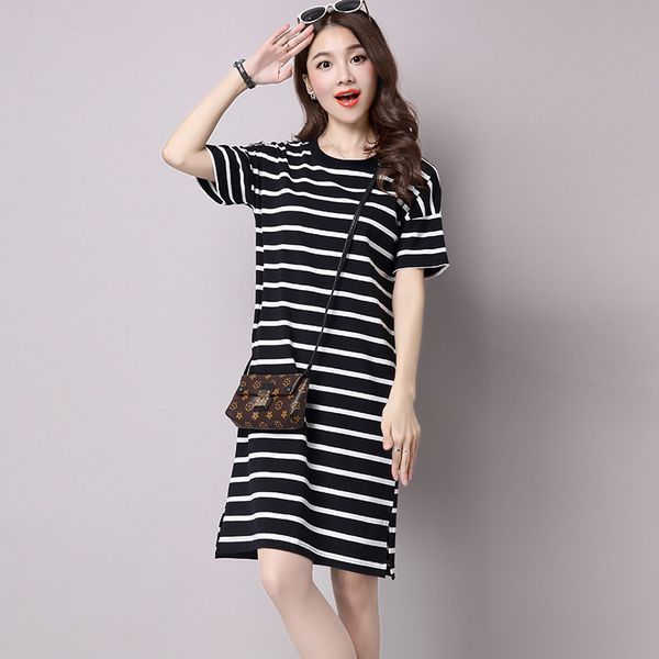 

2021 new casual summer newer green cotton loose medium long dresses t stripe shirt female dress fy505 berj, Black;gray