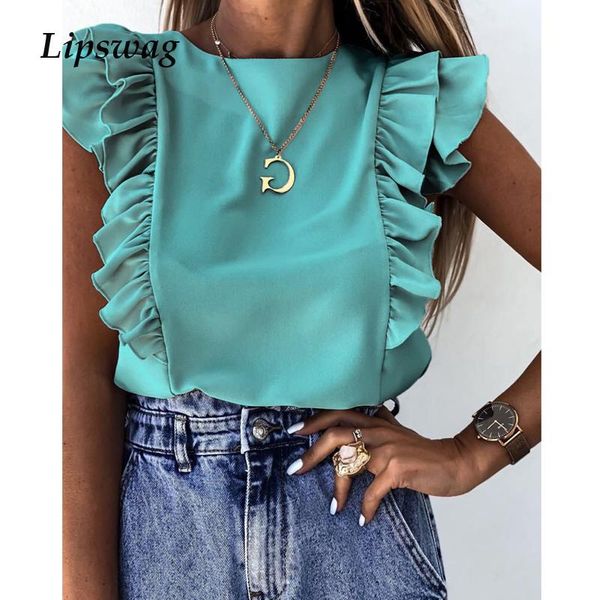 

women elegant solid color ruffle blouse shirt 2021 summer o neck pleated blusa lady 3xl new casual button sleeveless blusa, White