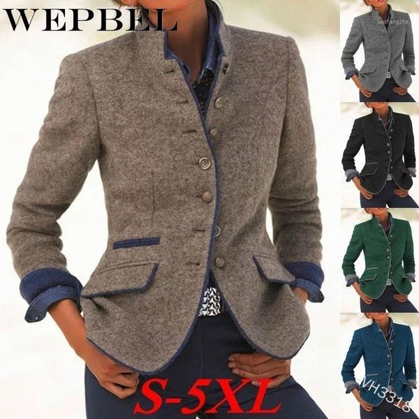 

wepbel women's autumn pocket stand collar wool overcoat solid color winter coat warm long sleeve single breasted jackets outwear1, Black