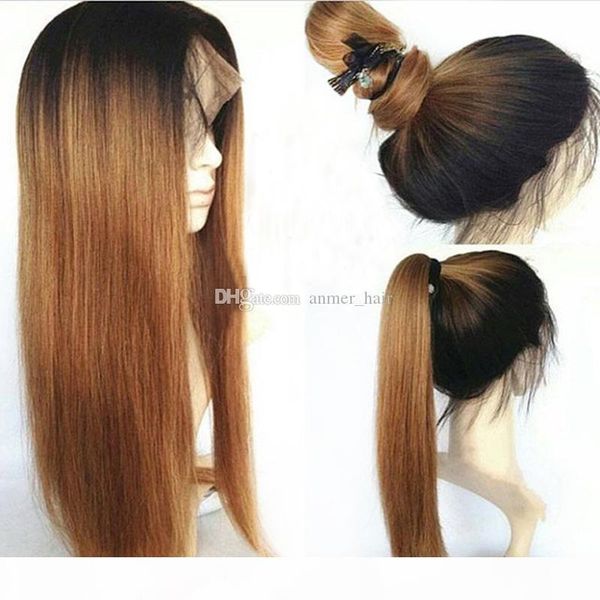 

1b 27 ombre фронта шнурка парики для женщин virgin бразильский glueless straight pre щипковых полный шнурок ombre человеческих волос парики, Black;brown
