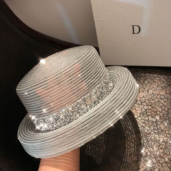 

female summer women's hepburn style vintage design wide side straw transparent bright diamond beach big sun hat 201015, Blue;gray
