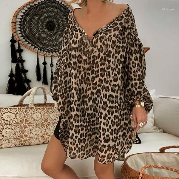 

female casual leopard print long sleeve v-neck pullover fashion women's loose large size blouse camisetas mujer verano1, White